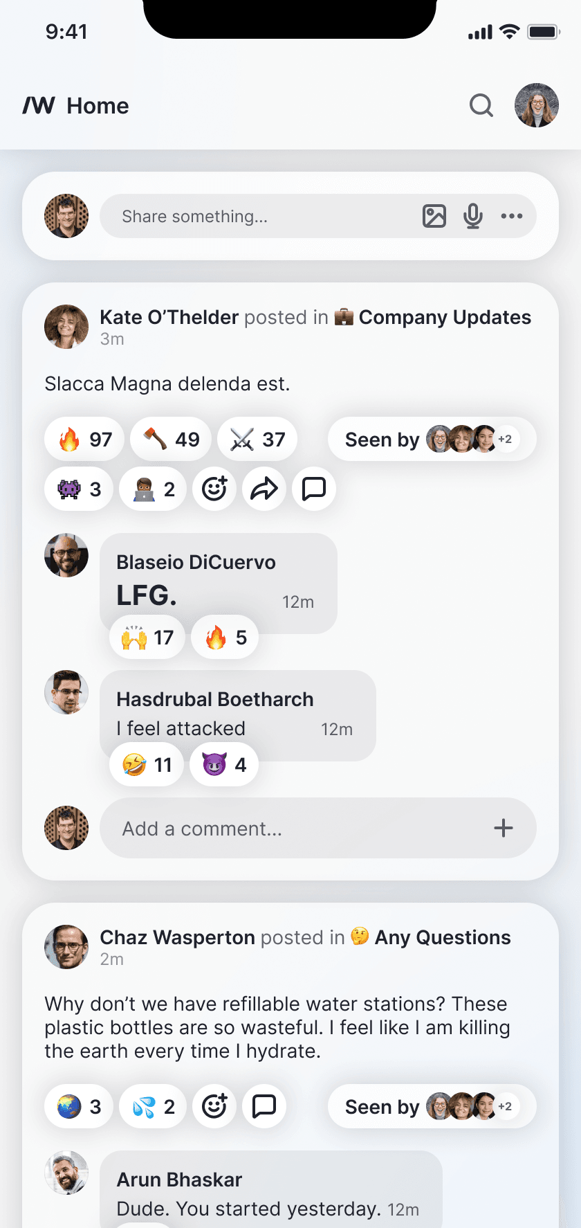 A screenshot of the Slashwork communication app being used by a team of software developers