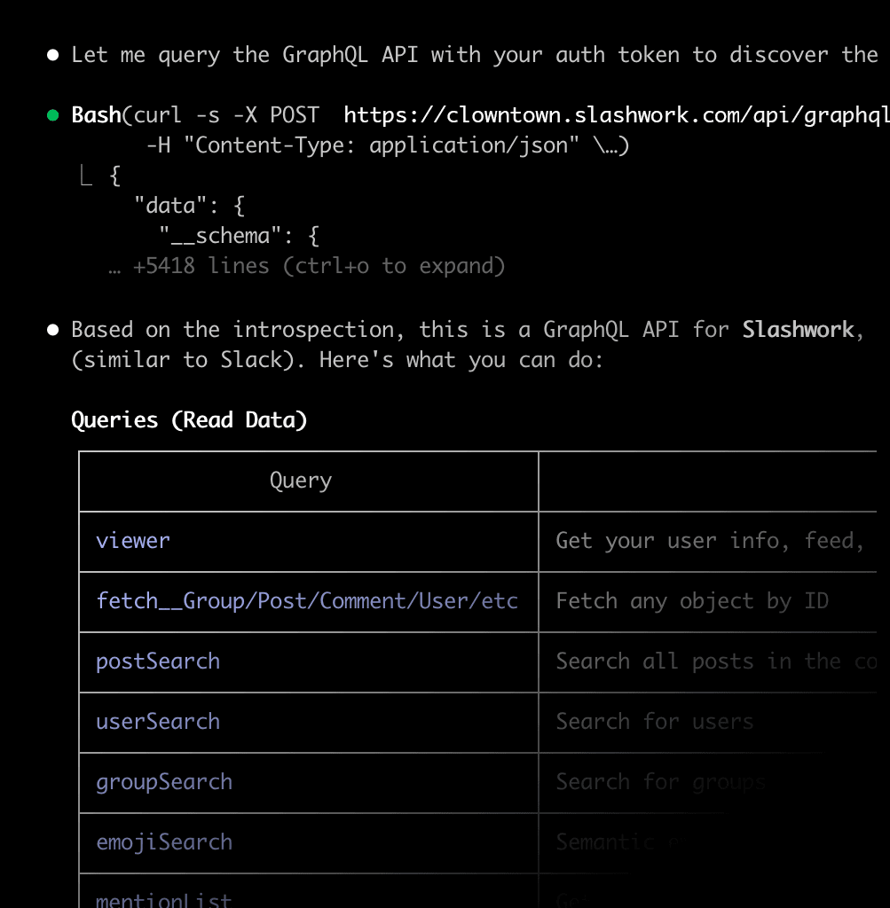 A screenshot of Claude Code using Slashwork's GraphQL introspection to vibe code up a new integration