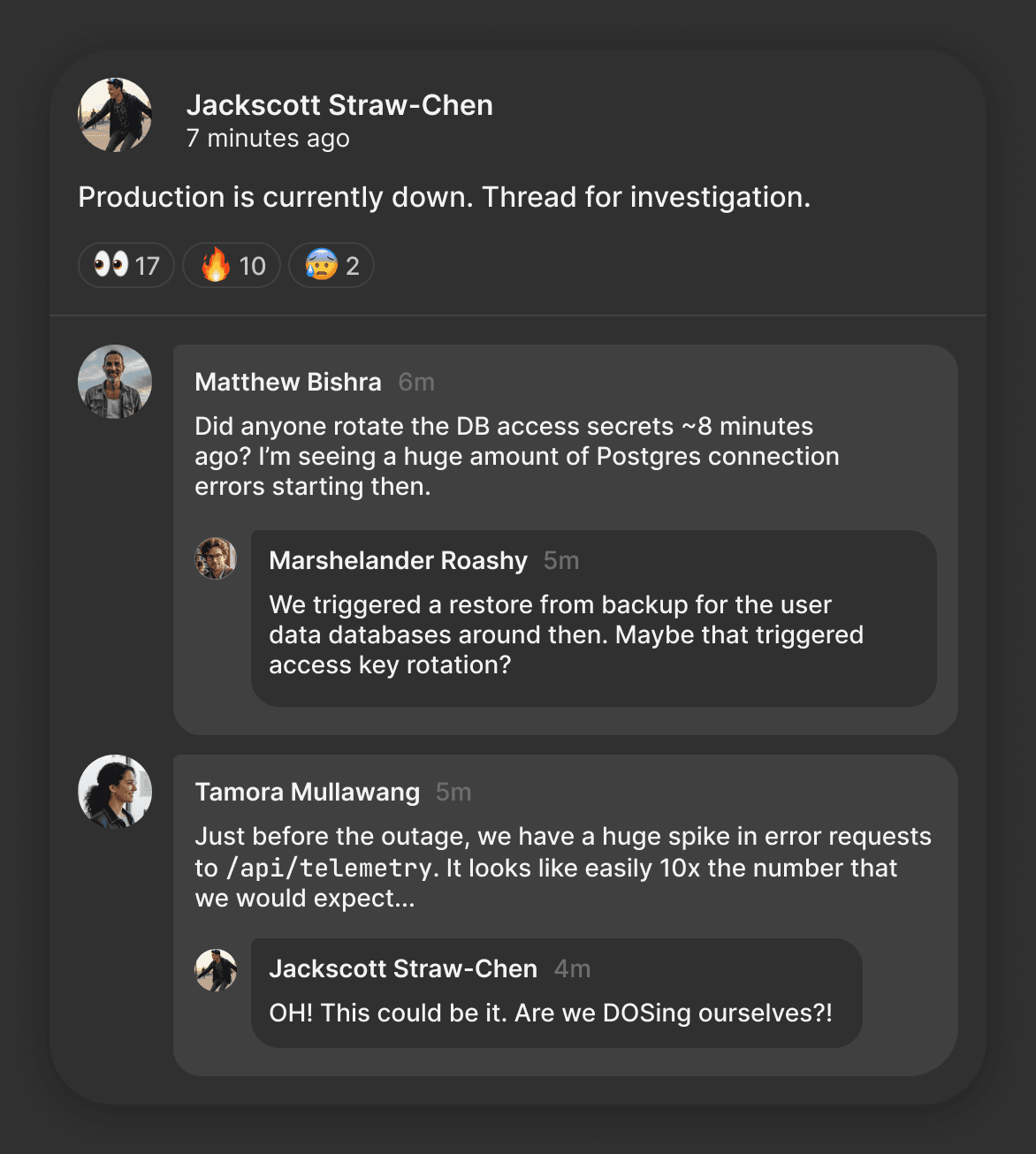 A dark-mode screenshot of an incident response conversation taking place on the Slashwork communication platform