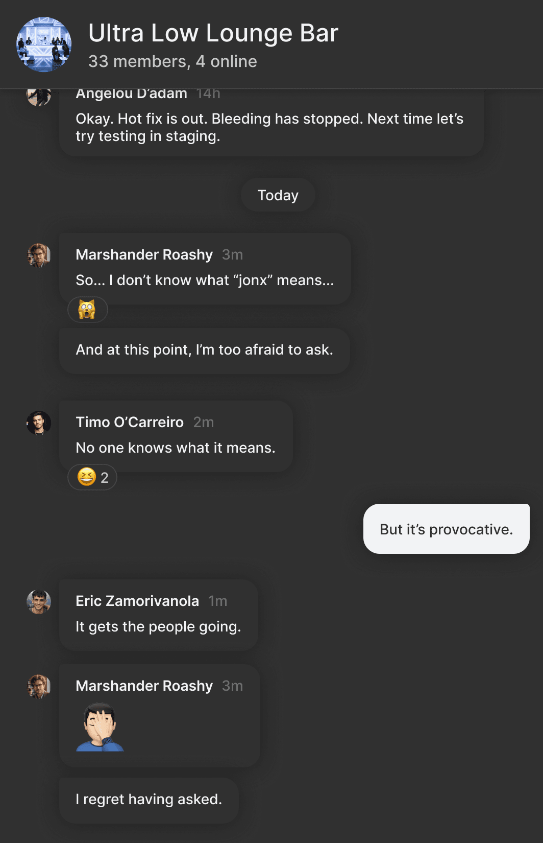A dark mode screenshot of a chat conversation within the Slack alternative software Slashwork