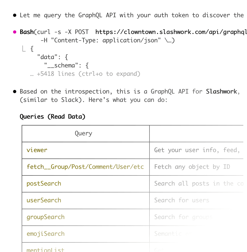 A screenshot of Claude Code using Slashwork's GraphQL introspection to vibe code up a new integration