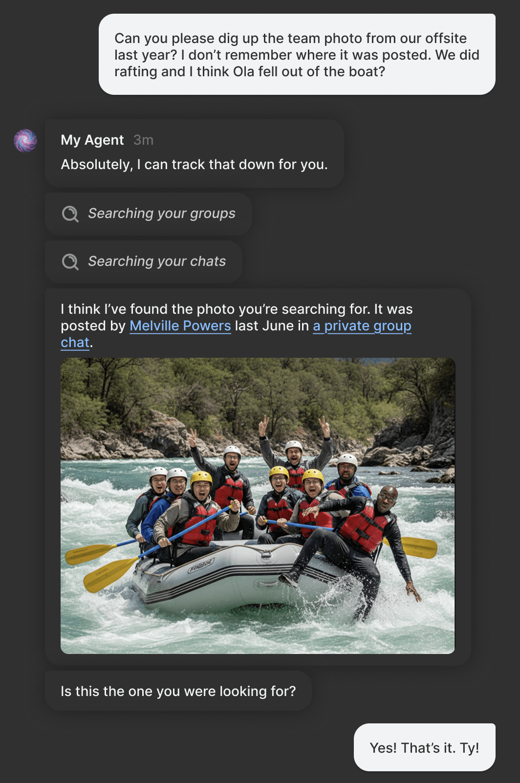 A dark-mode screenshot of the Slashwork product, a Slack alternative, where the user's AI agent helps them find a photo.