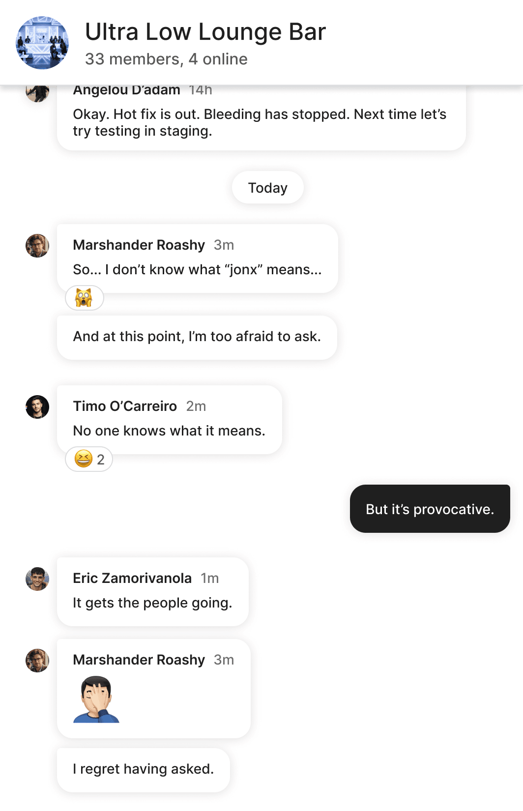 A screenshot of a chat conversation within the Slack alternative software Slashwork
