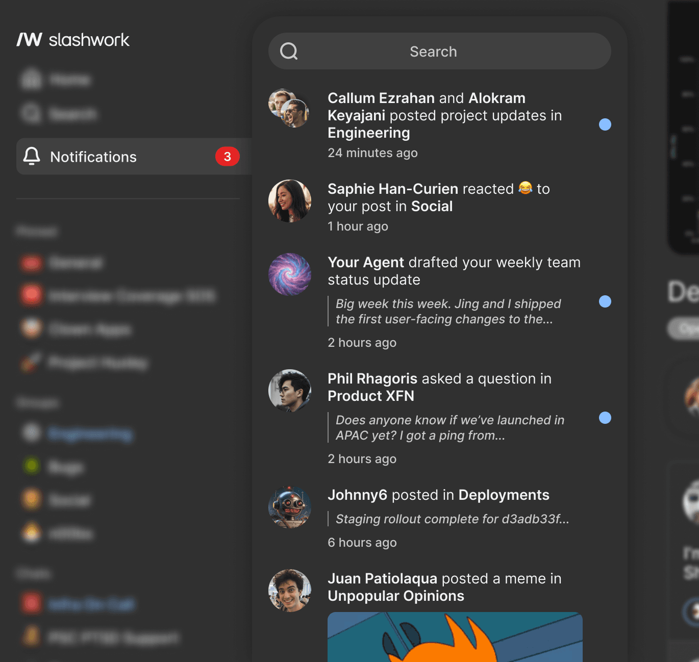 A dark-mode screenshot of the Slashwork notifications UI