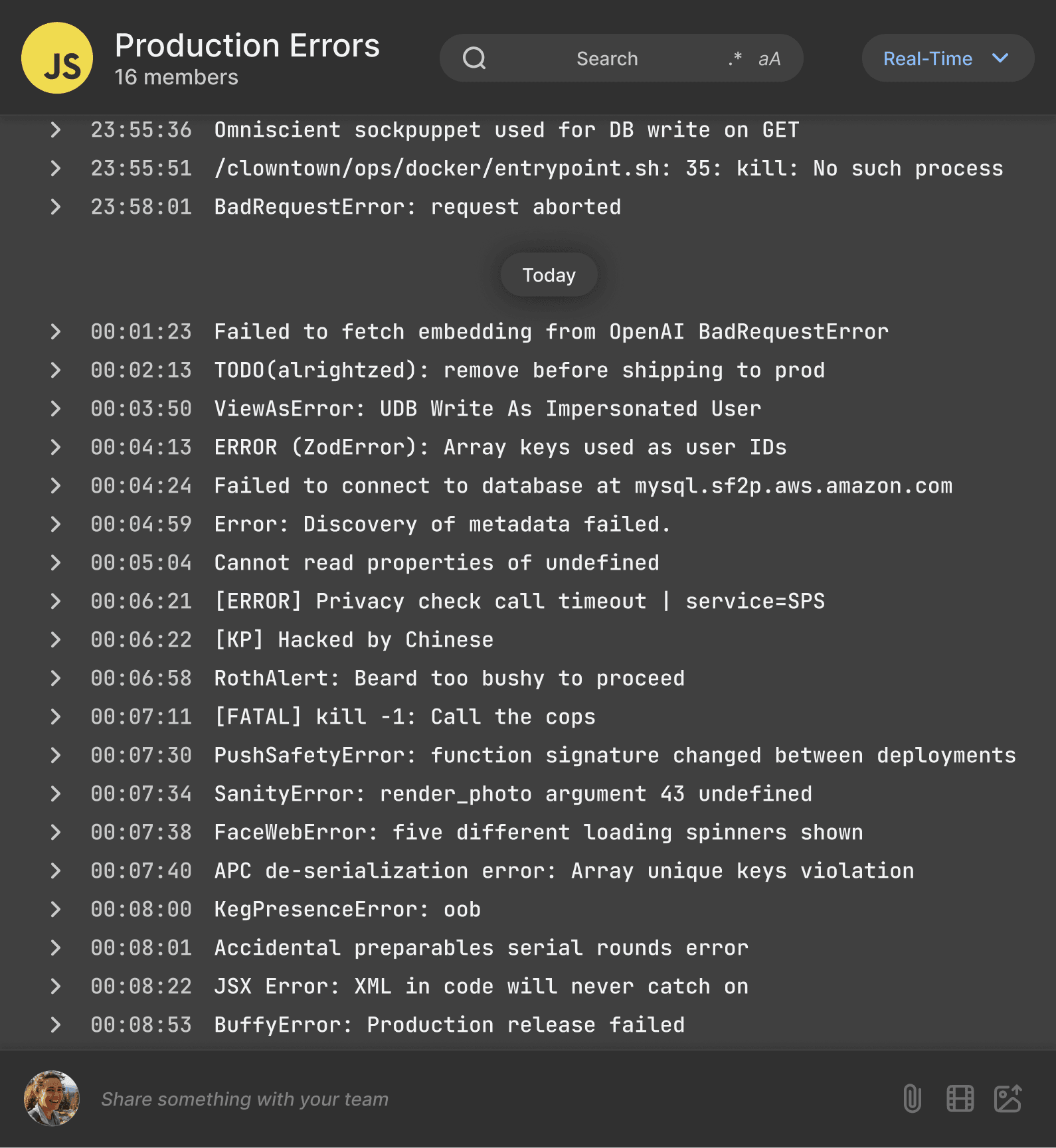 A dark mode screenshot of the Slashwork log viewer UI