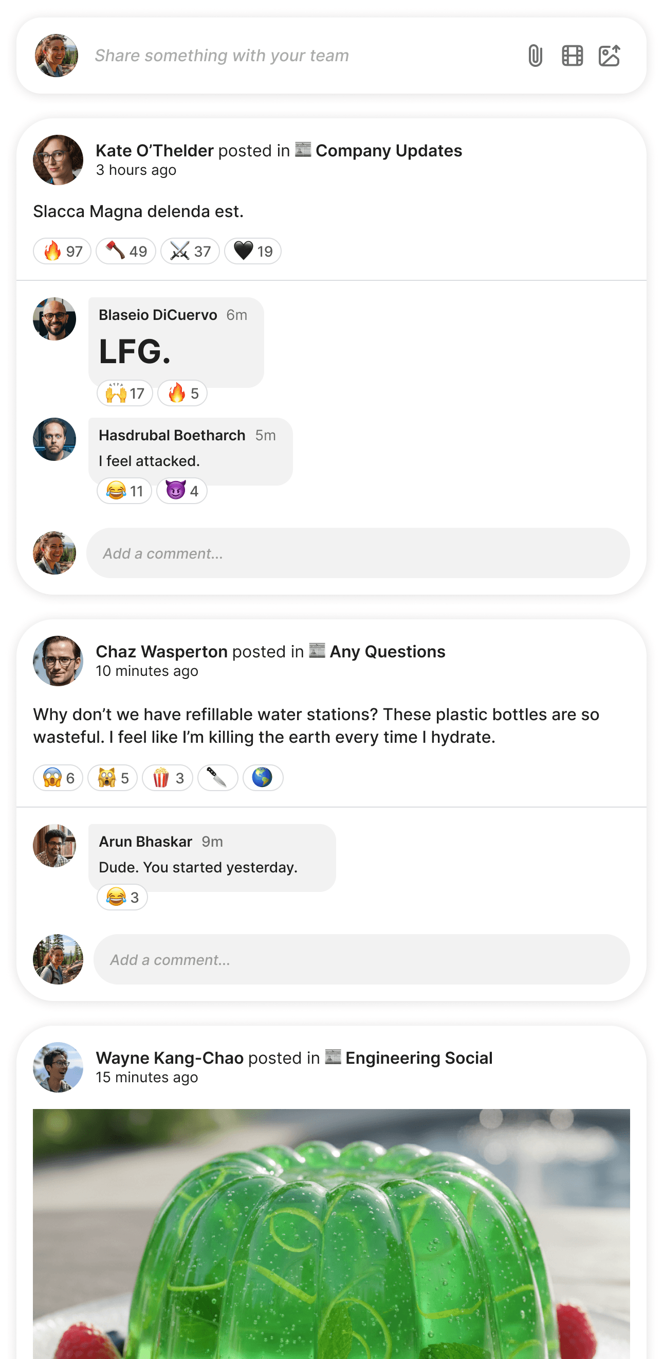 A screenshot of the Slashwork communication app being used by a team of software developers